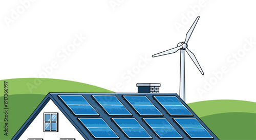 Illustration of a house with solar panels on the roof and a wind turbine in the background, representing climate activism and sustainable living in a documentary style.