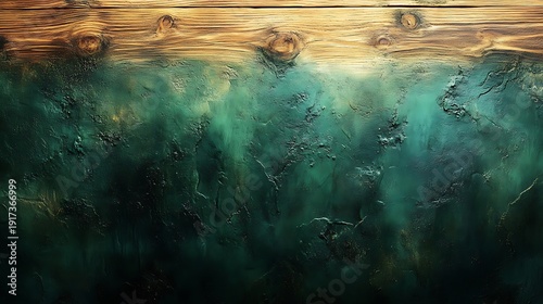 Textured Teal and Green Abstract Surface with Wooden Top Border dark photo