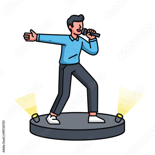 Man performing on stage with confidence and passion, singing into microphone with spotlights shining on him, energetic atmosphere