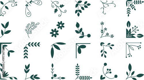 Botanical floral corner ornaments and decorative leafy dividers, minimalist greenery vector set for invitations, frames, logos