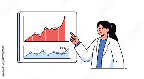A woman in a white lab coat presents a graph on a screen with a serious expression, conveying a sense of climate activism in a documentary style.