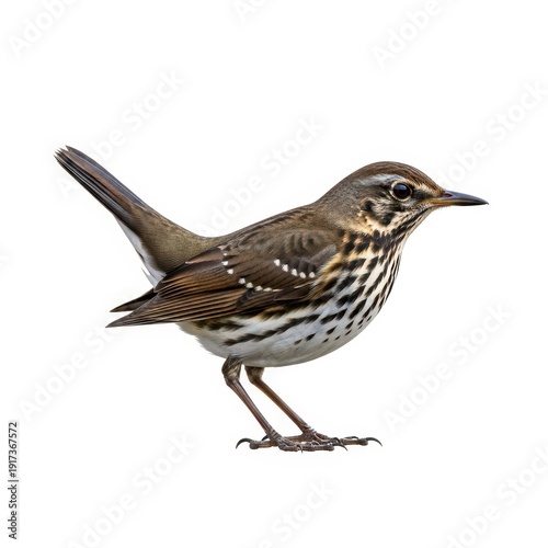 A close-up view of a hermit thrush bird with intricate feather patterns