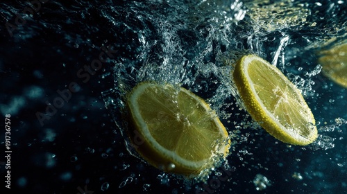 Dynamic splash of water with fresh lemon slices frozen motion dark moody background cinematic and intense lighting