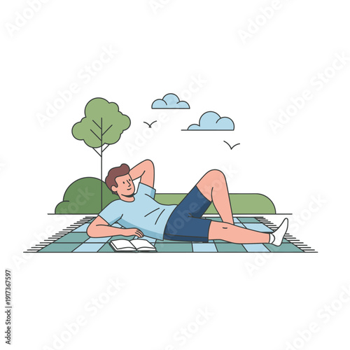 Man relaxing on a picnic blanket in a park, reading a book, enjoying nature and leisure time.