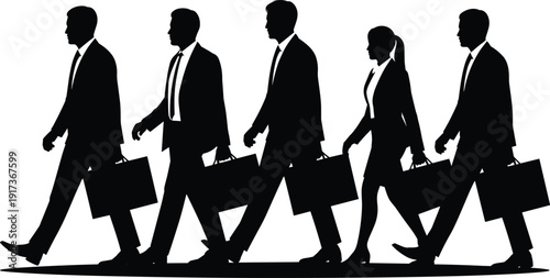 Business people walking with briefcases silhouettes vector set, professional commuters in motion, corporate teamwork and office lifestyle concept, editable black vector illustration pack