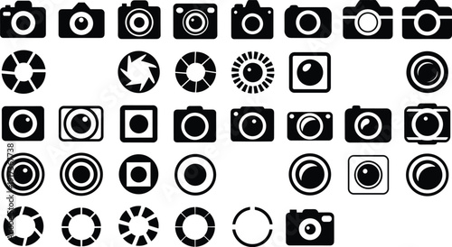 Camera icon collection with lens aperture symbols, photography interface elements, black silhouette vector set for design projects