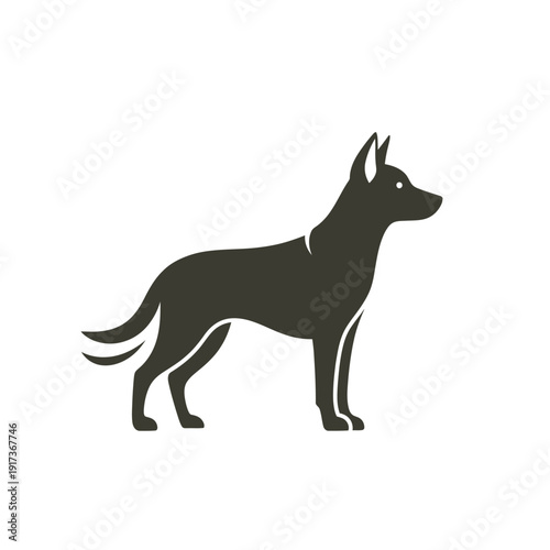 Silhouette of a German Shepherd dog standing alert, isolated on white background.