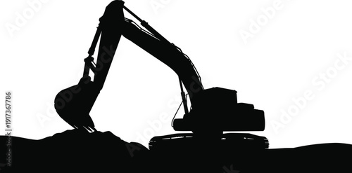 Excavator silhouette vector, heavy construction equipment, earth moving machinery design, industrial digging art, building site illustration, cad drawing flat vector illustration