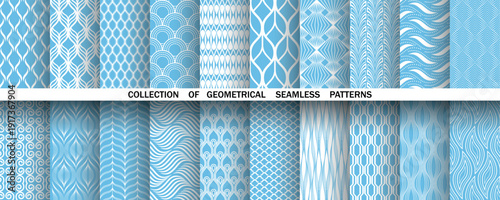Geometric set of seamless blue and white patterns. Simple vector graphics