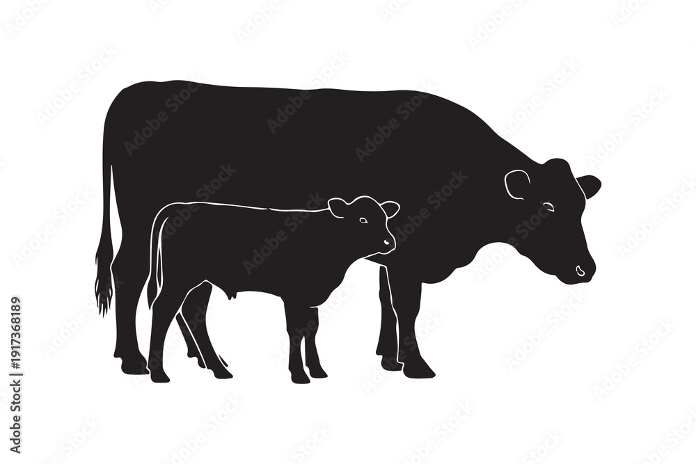 Obraz premium Cow and calf silhouette vector art illustration on white background 