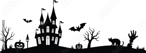 Halloween haunted house silhouette, spooky night vector, eerie tree, jack-o-lantern, bats flying, black cat, zombie hand, cad drawing flat vector illustration