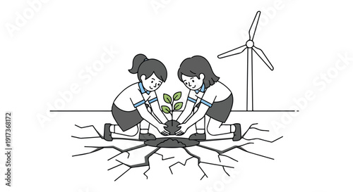 Two women in casual wear planting a sapling together in cracked earth with a wind turbine in the background, conveying a sense of climate activism and environmental documentary.
