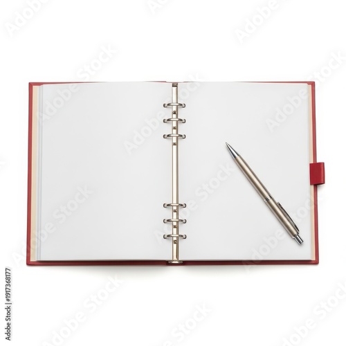Open red ring binder with blank pages and a silver pen on a white background