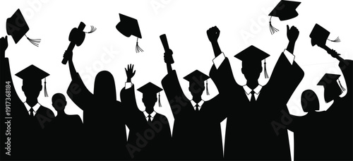 Graduates silhouette celebrating with caps, academic success vector, graduation ceremony design, joyful achievement illustration art, education milestone symbol, cad drawing flat vector illustration