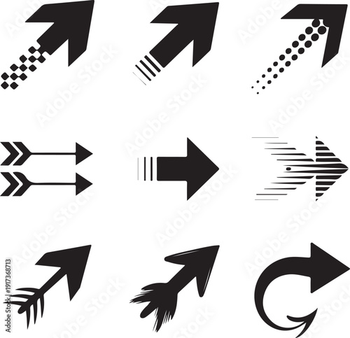 A diverse collection of nine black arrow graphics pointing right, up, and diagonally in various styles