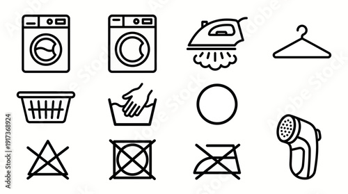 Laundry and fabric care line icons set with washing machine, iron, basket, hanger and garment instruction symbols, concept for laundry mobile app, clothing care and housework maintenance