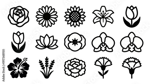 collection of various minimalist flower line icons including rose sunflower tulip orchid and lotus on white background, concept for boutique logo, nature branding and garden shop identity
