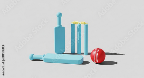 Cricket Equipment on White Background, Blue Bat, Red Ball and Stumps with Yellow Bails, Isolated