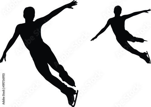 Ice skaters silhouette jumping in motion, figure skating vector illustration, winter sports design, athletic performance art, cad drawing flat vector illustration
