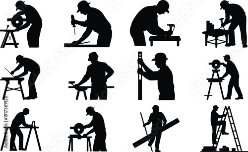 Construction worker silhouettes vector set, carpenter and handyman working poses icons, isolated black labor figures collection