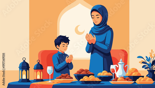 Muslim mother and son making dua before iftar meal with dates and lamps