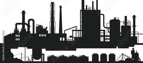 Industrial complex silhouette, factory with chimneys vector, chemical processing plant design, energy infrastructure illustration art, manufacturing industry