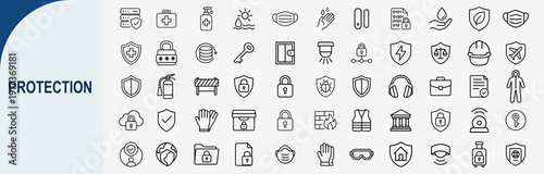 Protection and safety icons set, outline symbols for security insurance personal defense privacy and data guarding vector illustration