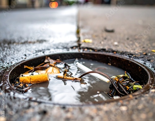 A storm drain filled with water and debris on a wet street