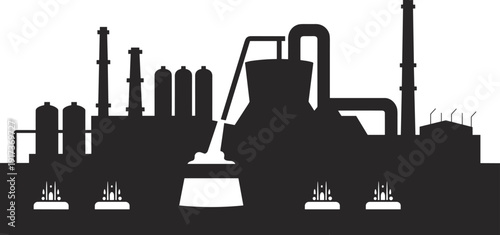 Industrial factory silhouette, heavy manufacturing plant vector, chemical processing design, refinery illustration art, infrastructure industry symbol, cad drawing flat vector illustration