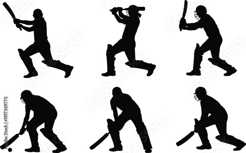 Cricket batsman silhouette vector set showing batting, defensive stance, swing action, and sports player poses isolated on white