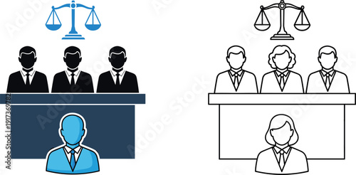 Courtroom Jury Panel with Judge and Defendant Icon Set in Color and Outline Styles for Legal Justice Concept