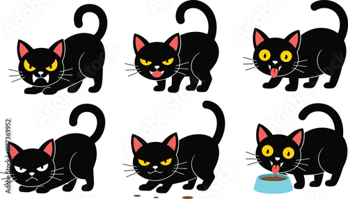 Cute black cat cartoon expressions set, angry happy hungry playful kitten poses, funny animal character collection, flat design vector illustration isolated on white background