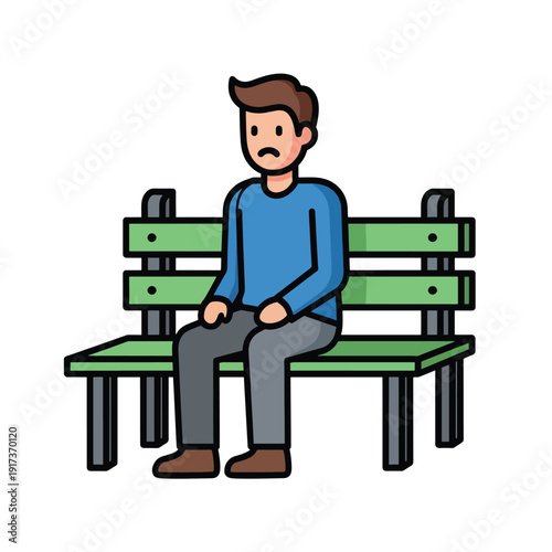 A man sits alone on a green park bench, looking unhappy from a slight distance.