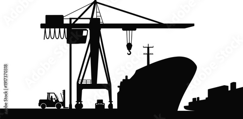 Port crane silhouette, cargo ship dockyard vector, industrial shipping infrastructure design, maritime logistics illustration art, container handling symbol, cad drawing flat vector illustration