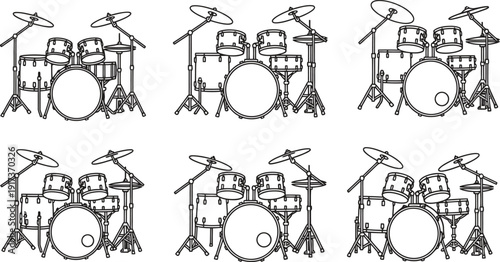 Collection of Six Detailed Drum Kit Illustrations in Outline Style for Music Concepts