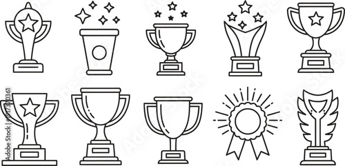 Variety of Trophy and Award Icons Including Ribbons and Stars for Winners and Success