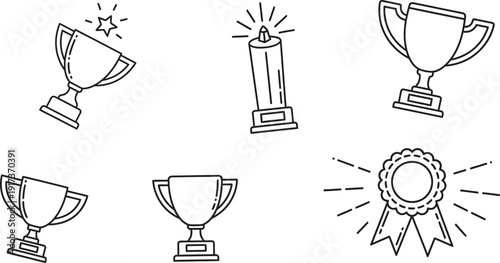 Outline Icons of Trophies, Candle, and Rosette Award for Celebrating Achievement and Victory
