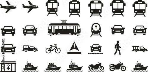 Collection of black silhouette icons representing various modes of transportation, including cars, trains, airplanes, and ships.