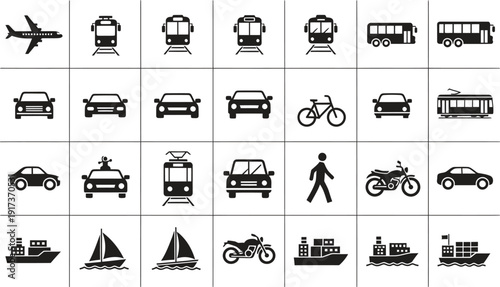 Grid of black and white icons depicting a variety of transportation methods: planes, trains, buses, cars, bicycles, and boats.