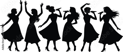 Female singers silhouette performing on stage, women holding microphones dancing and singing together, music concert and performance concept illustration