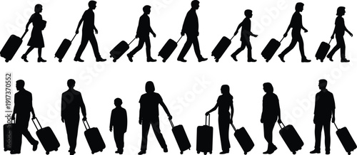 Travelers silhouette walking with suitcases, airport mobility vector, family travel design, tourism illustration art, passenger journey symbol, cad drawing flat vector illustration