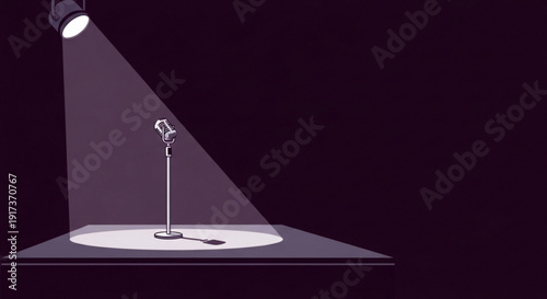 Microphone on stage under spotlight empty podium for public speaking performance or comedy show isolated on dark background with dramatic lighting