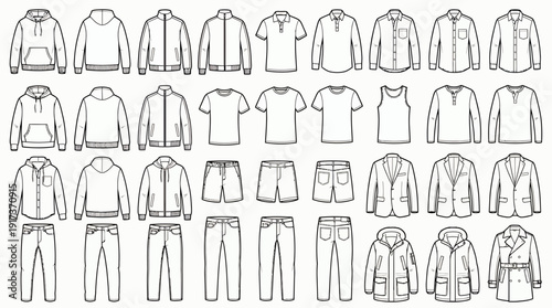 Collection of men apparel technical sketches including hoodies jackets shirts pants and coats in white outline, concept for fashion design, tech pack production and apparel mockup