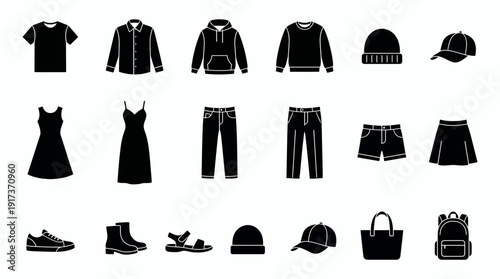 Black vector icons of casual apparel and accessories set including shirts pants footwear and bags on white background, concept for online clothing store, retail marketing and apparel catalog