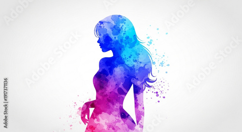 Vibrant silhouette of a woman in blue and pink hues expressing beauty and freedom on a white background with splashes of color