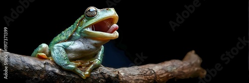 Green frog perched on branch with open mouth on dark background