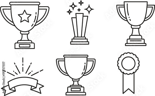 Collection of minimalist black and white trophy and award icons representing victory and success.