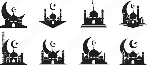 Group of Islamic mosque silhouettes with crescent moon and stars, ideal for Ramadan and Eid designs.