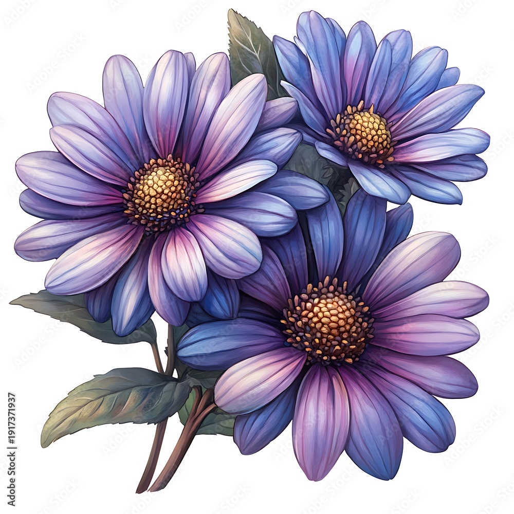 Obraz premium Three Purple and Blue Daisy Flowers with Green Leaves on photo White Background violet