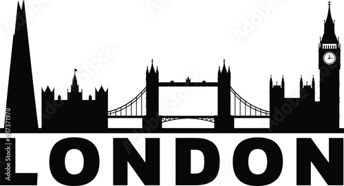 Iconic London skyline featuring Tower Bridge, Big Ben, The Shard, Westminster Palace silhouette, black vector cityscape illustration, travel poster artwork, editable